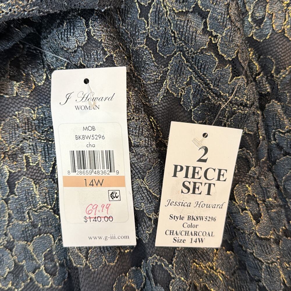 Jessica Howard Woman 14 14W Lacy Cocktail Sheath Dress & Jacket Set BLACK Gold - Picture 10 of 11